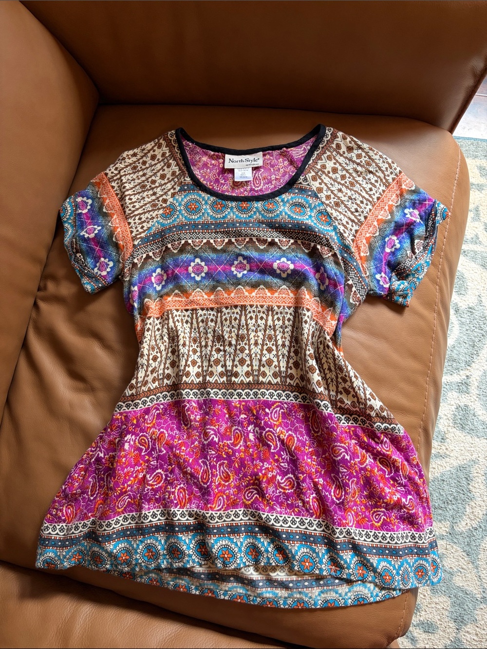 NorthStyle Women's Multicolor Boho Short Sleeve Tunic — Pink, Blue, Brown